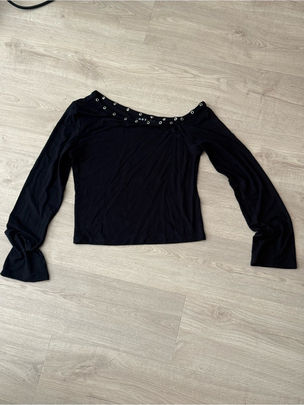 Off-Shoulder Black Long-Sleeve Top with Eyelet Trim - Picture 3 of 4